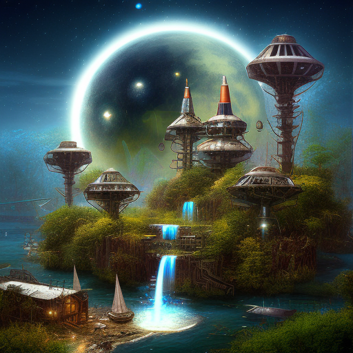 AI generated fantasy image of future with human civilisation living in harmony with nature