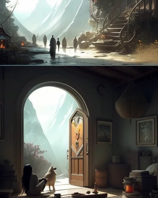 AI generated image of a girl and dog sitting by an open door overlooking mountains