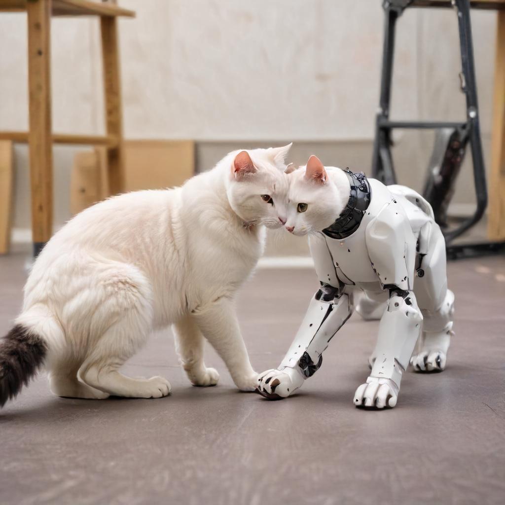 Cat head butts a robot cat