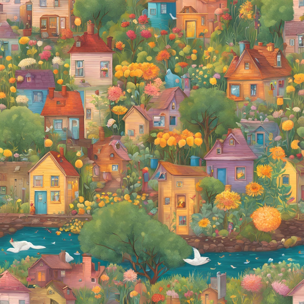 symbiotic cities, with houses, birds, bees, hedgehogs, pigeons, living in harmony.