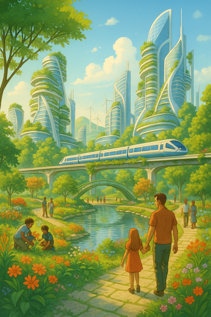 Futuristic society with sky scrapers and train on bridge by a local park with people walking and tending to nature.